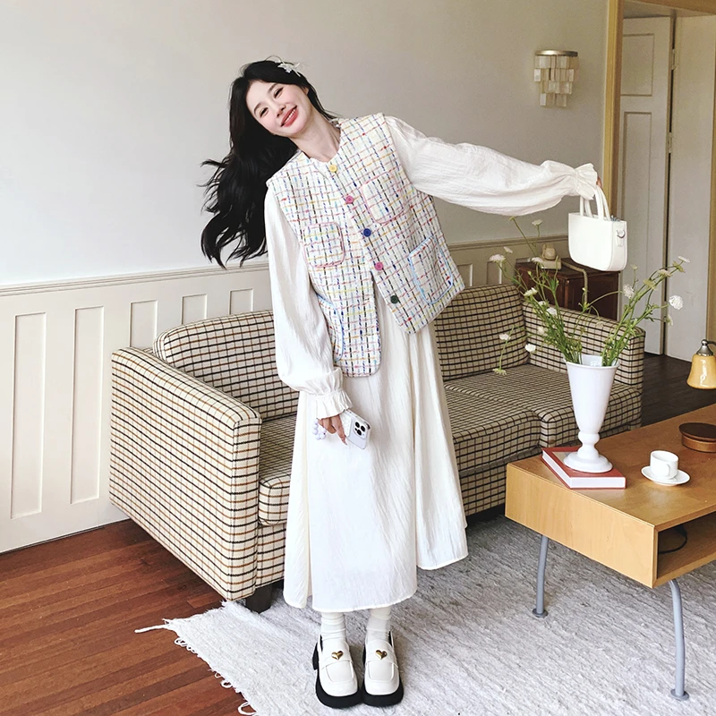 小香风甜美减龄彩色粗花呢马甲套装裙女2025春季新款连衣裙两件套