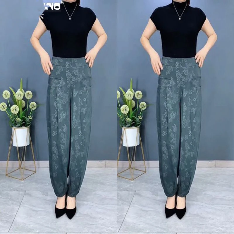 2025夏季新款高腰灯笼裤女九分哈伦裤女复古民族风印花大码妈妈裤