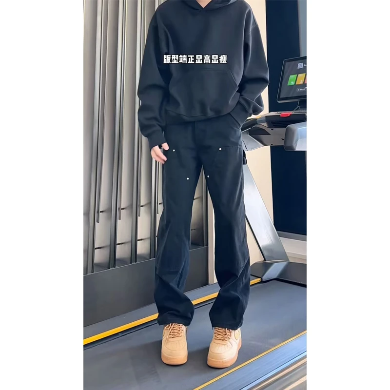 黑色工装裤男款秋冬cleanfit美式vibe设计感伐木裤双膝百搭长裤子