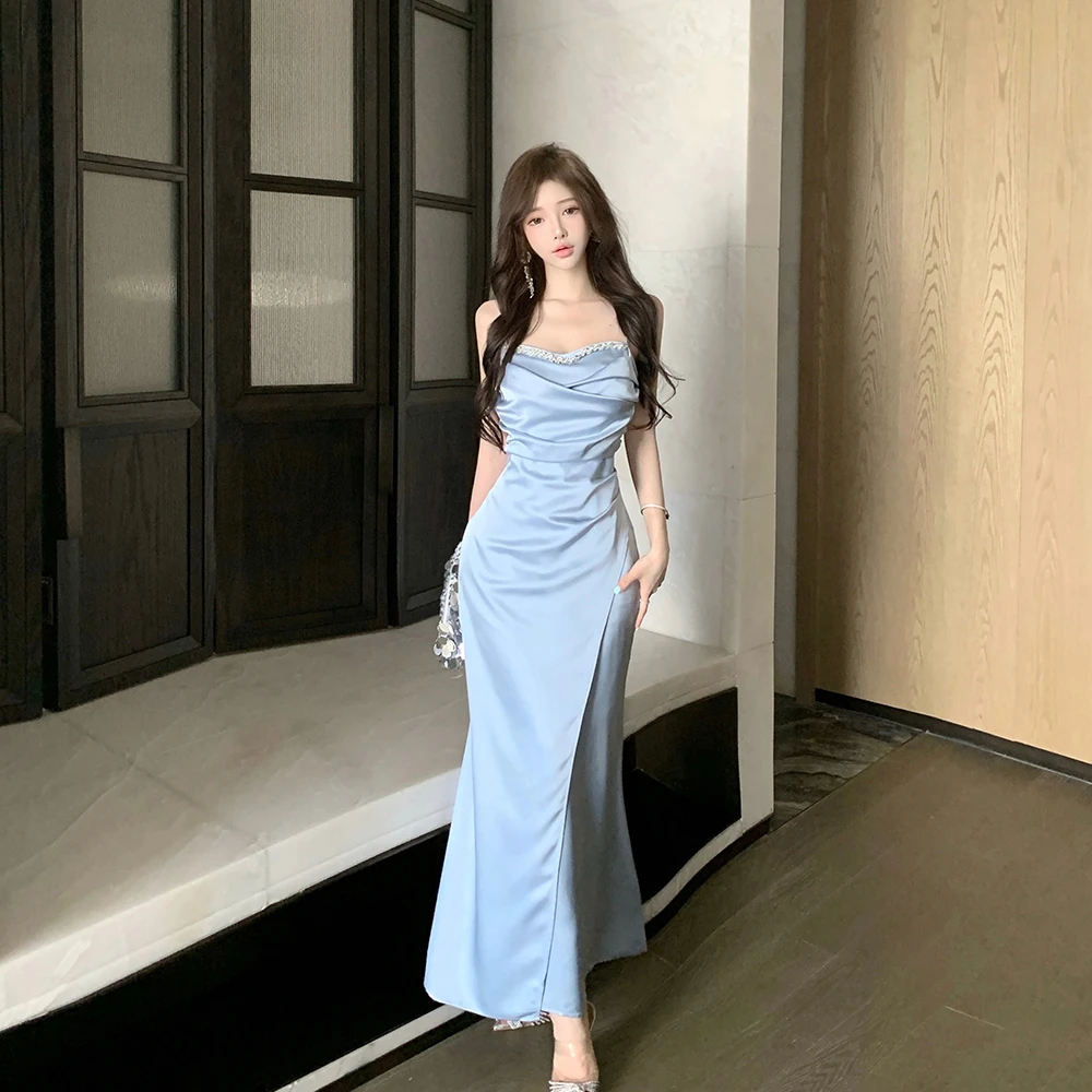 法式小众设计气质收腰长裙宴会礼服醋酸缎面露肩吊带镶钻连衣裙女