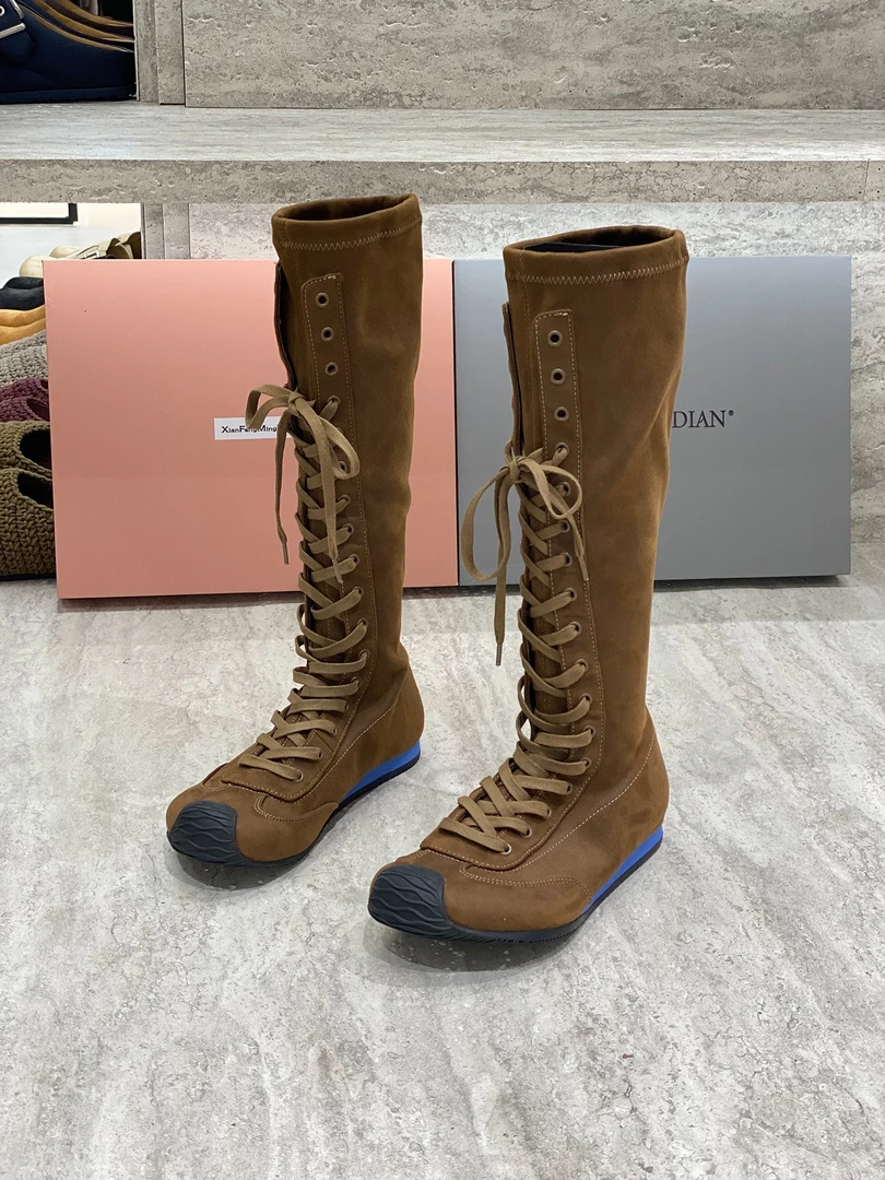 法式平底绑带高筒机车靴女复古显瘦厚底大头长筒拳击靴不过膝长靴