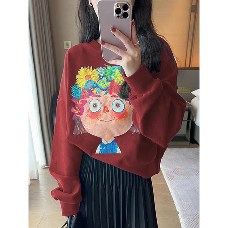 L299韩版气质设计卡通女孩印花宽松长袖卫衣女秋季百搭圆领上衣潮