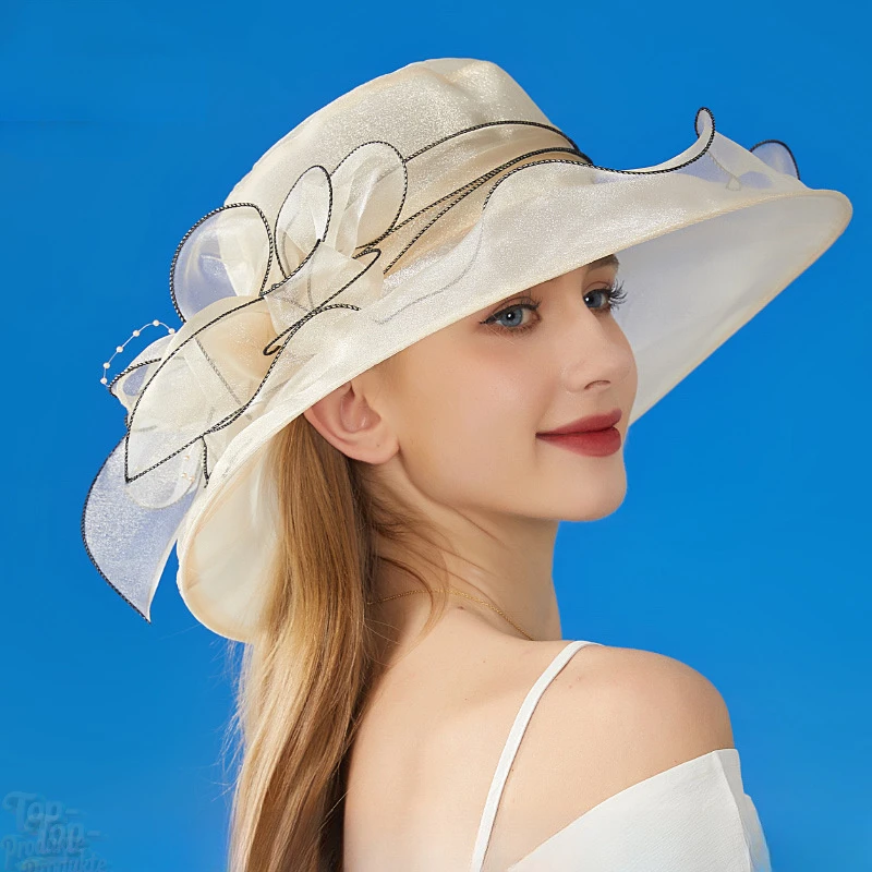 欧美防晒帽女士欧根纱纯色大花朵遮阳帽子英伦贵女士防晒遮阳帽