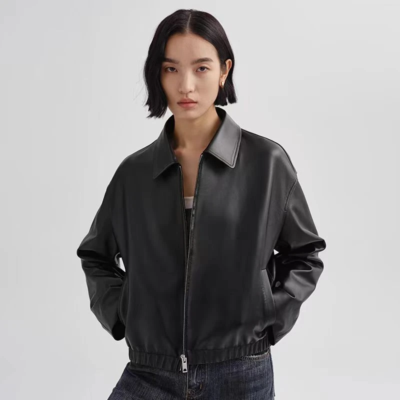 真皮绵羊皮宽松短款机车服夹克翻领2024时尚秋冬新款皮衣女装外套