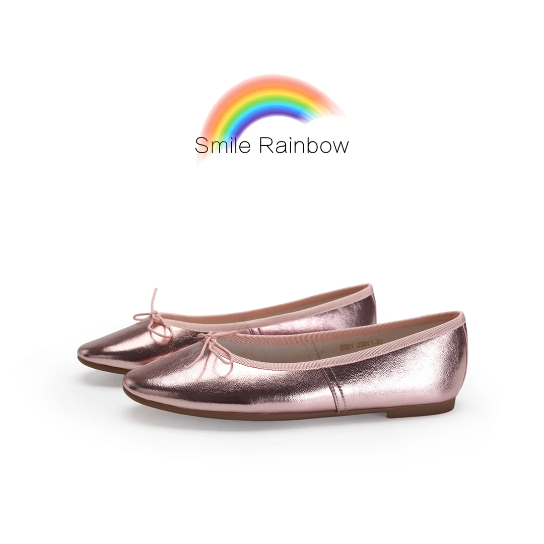 【现货】01金属羊皮-香槟粉 芭蕾平底浅口单鞋法式蝴蝶结女鞋