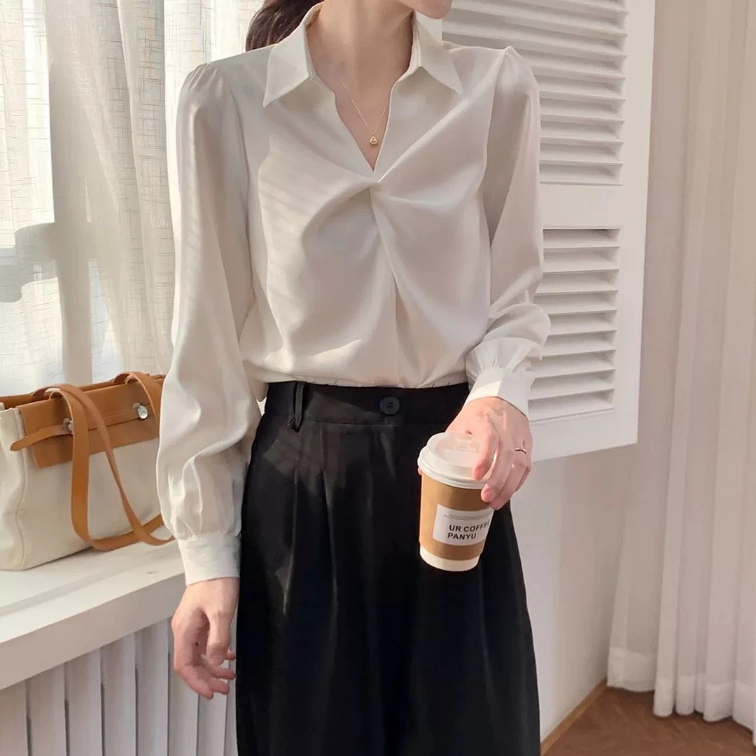 【清仓】时尚高级感缎面衬衫春职业气质设计感衬衣女2956#0.1
