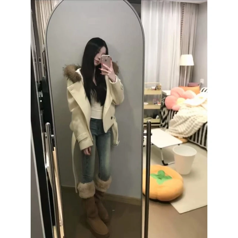 韩系高级感洋气简约毛领百搭保暖外套秋冬高腰时尚休闲长裤两件套