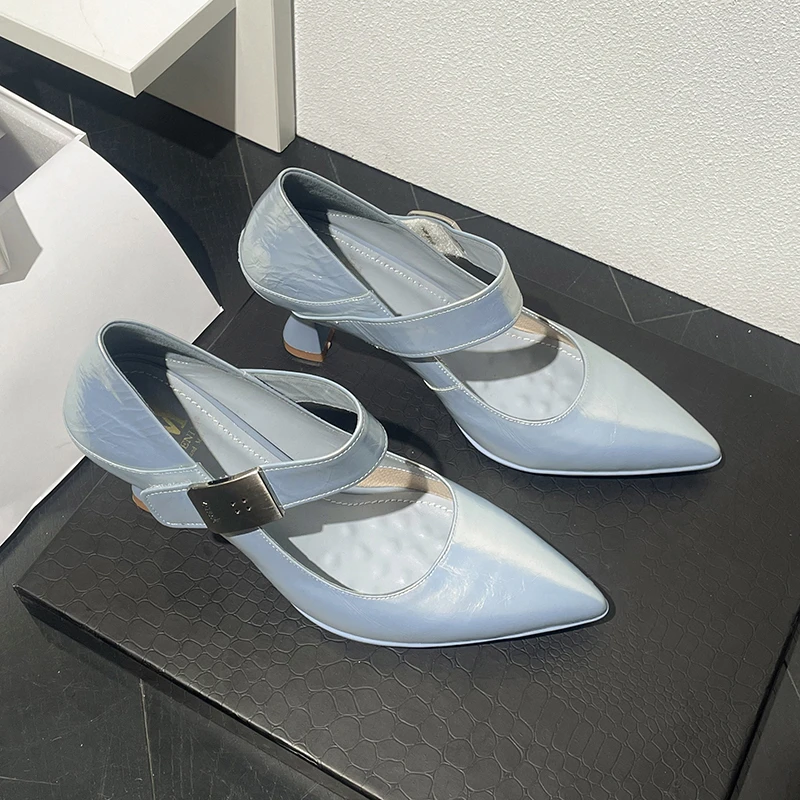 （跟高6cm）2025真皮一字带扣件防水台工作鞋日常百搭高跟鞋