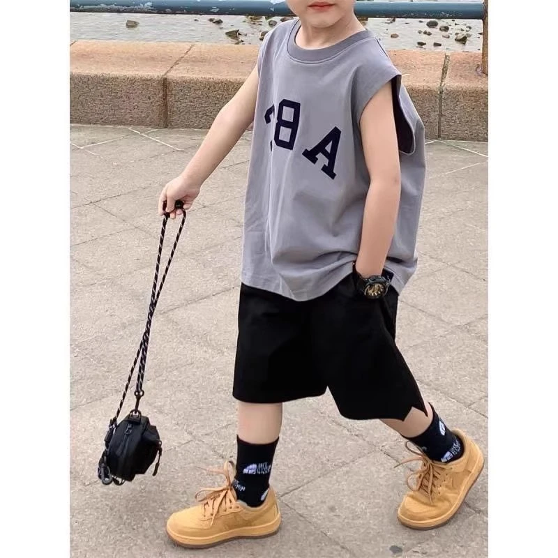 男童纯棉背心T恤2025年新款韩版洋气宽松夏天儿童外穿男童夏装