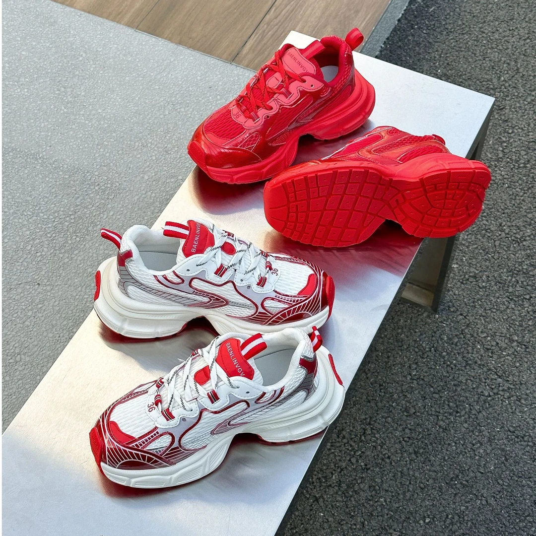 红色老爹鞋子女春季新款网面系带厚底休闲鞋中国红跑步鞋1168