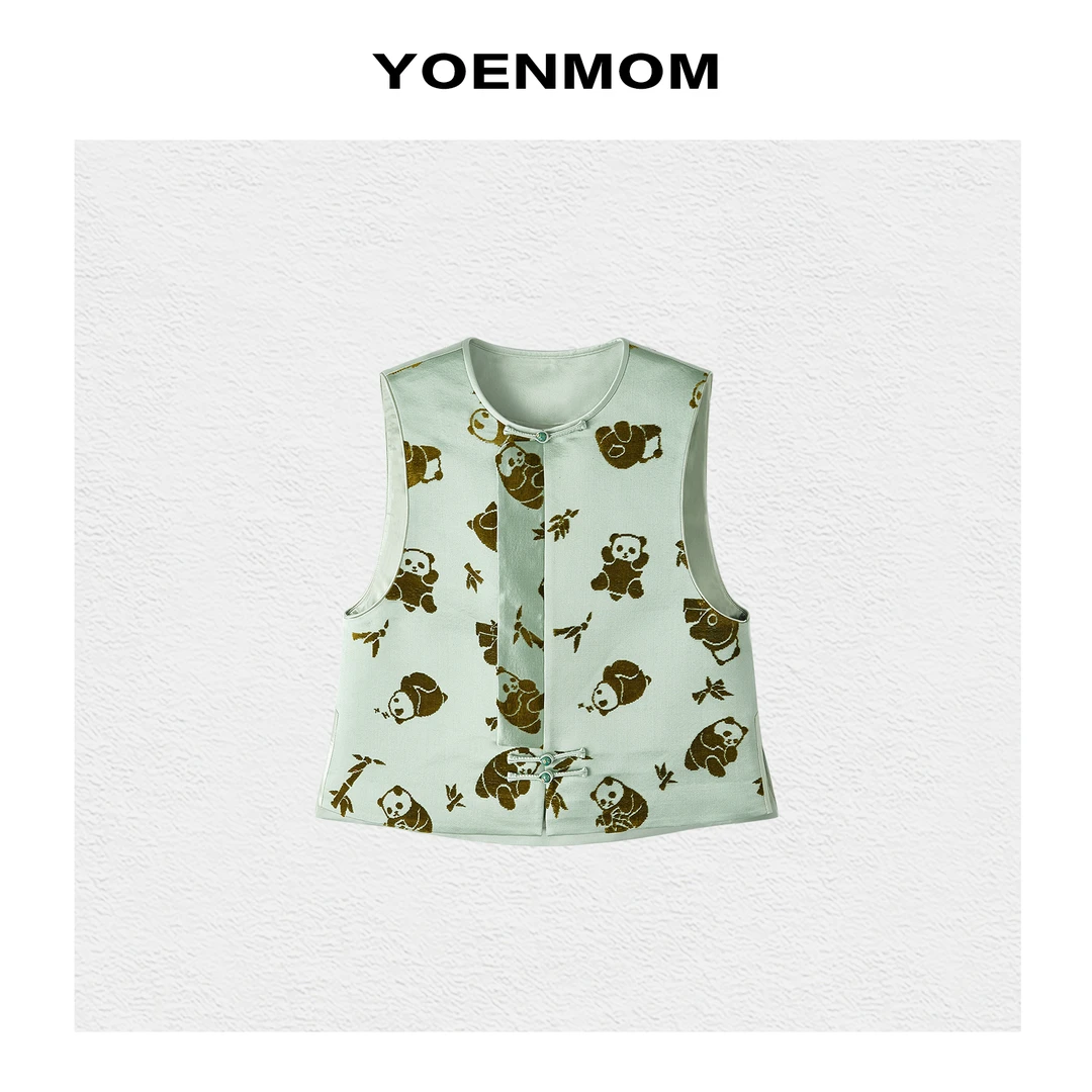 YOENMOM·熊猫抱竹·早春新品 漳缎非遗大漆珠扣圆领马甲