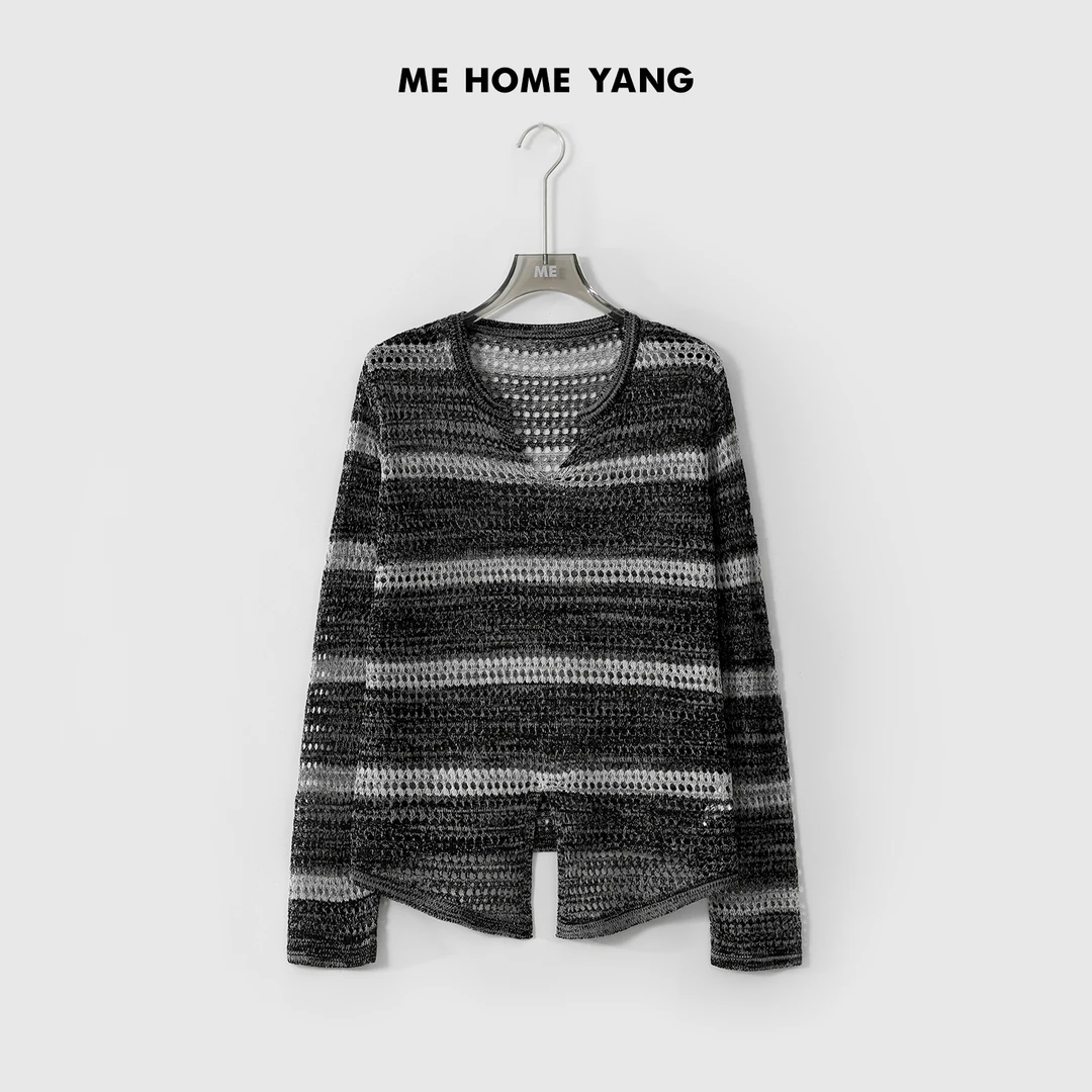 ME【镂空条纹罩衫】亚麻莱赛尔混纺透气显瘦百搭时尚针织衫MESS2098