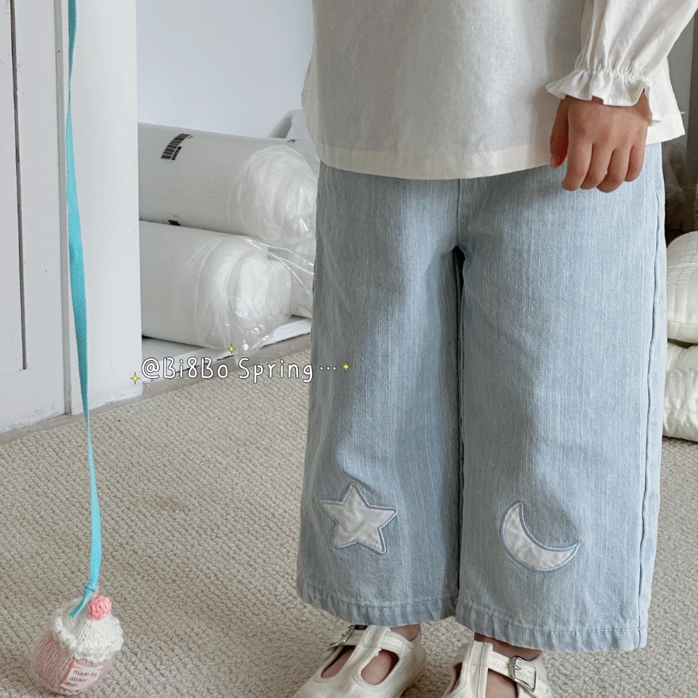 bi8bo春季新款韩版儿童裤子女童直筒休闲百搭贴布绣牛仔裤31015