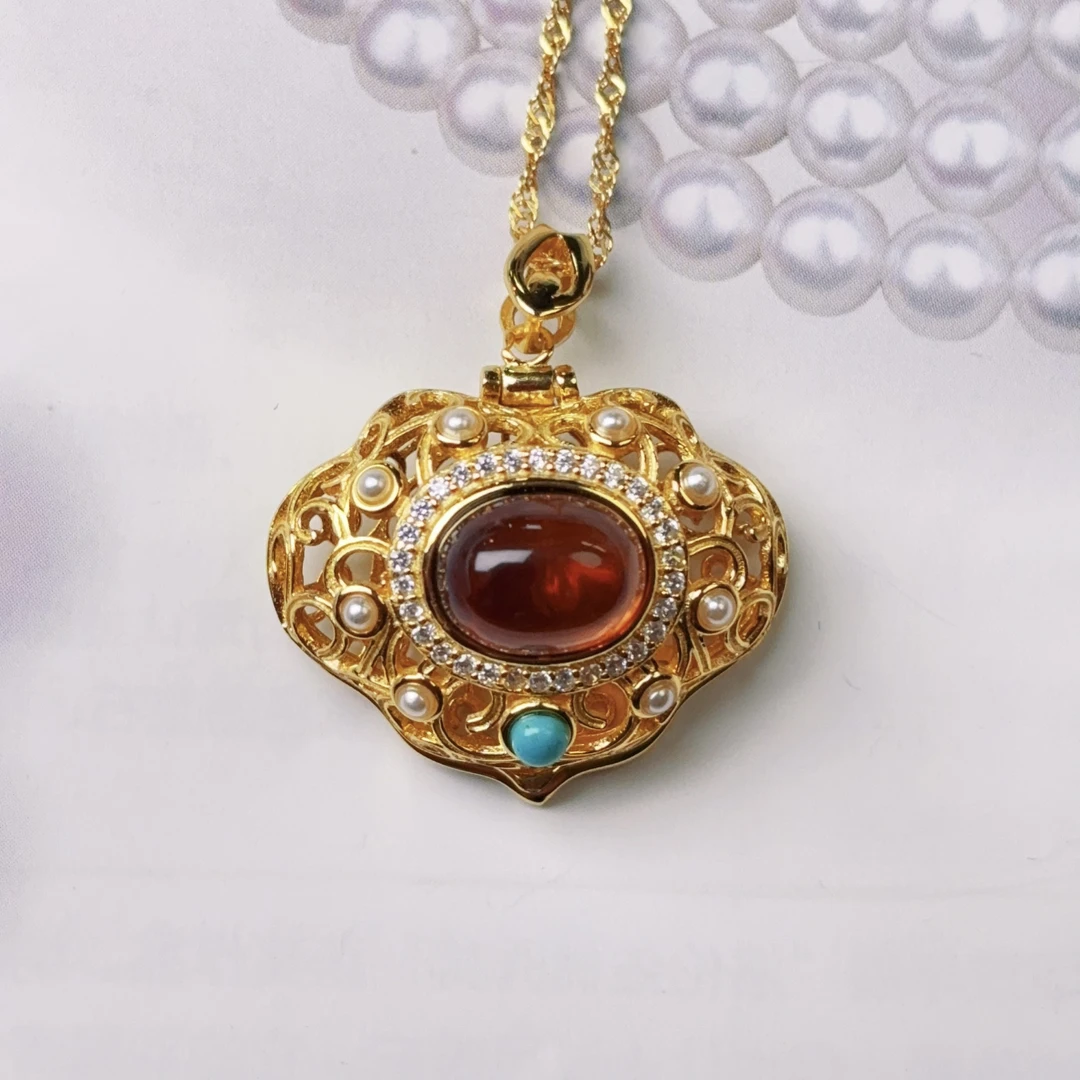 【钰荟琥珀】墨西哥红蓝珀银镶吊坠 如意吉祥 地大质检发货