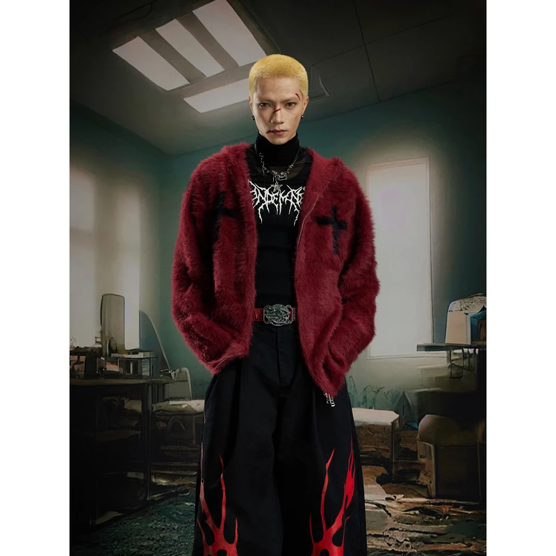 无人孤岛 800克重轻亚y2k仿马海毛连帽慵懒休闲开衫毛衣针织衫