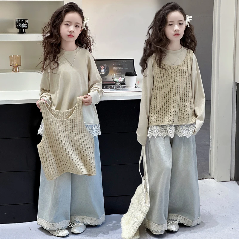 女童春装套装2025新款中大童网红洋气时髦儿童休闲毛衣背心三件套