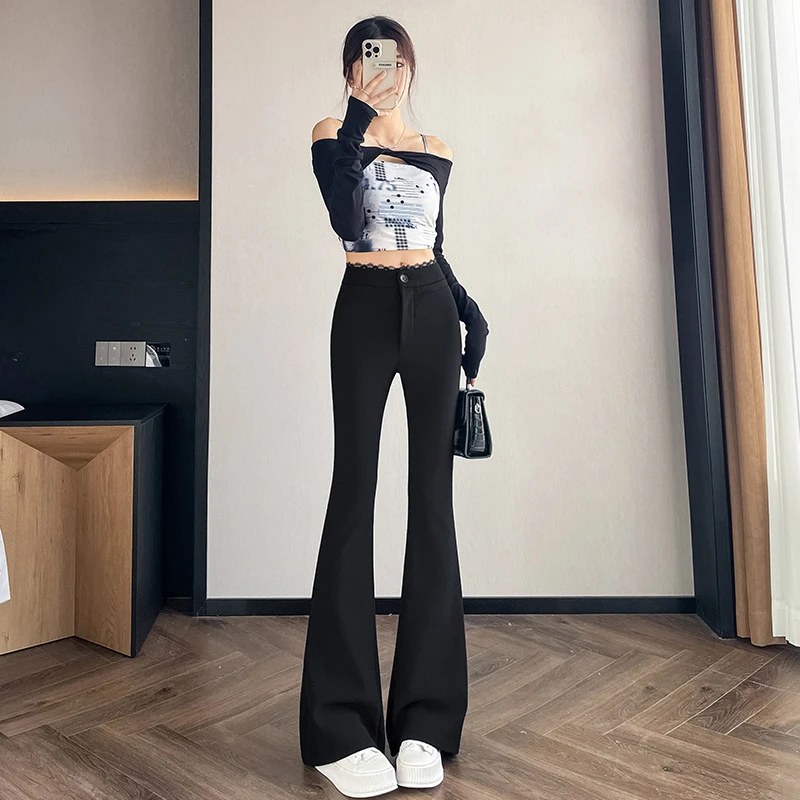 黑色蕾丝微喇裤子女2025春夏新款马蹄喇叭裤小个子高腰休闲西装裤