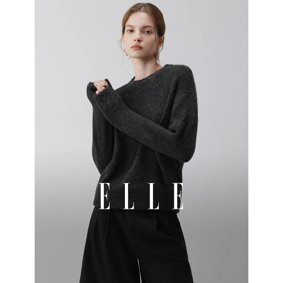 ELLE女装珠片针织衫2025秋季新款慵懒圆领绵羊毛通勤毛衣EZ52652