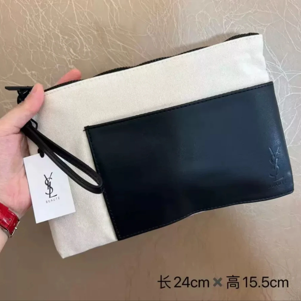 手拿包~米色帆布皮质拼接化妆包收纳手拎包