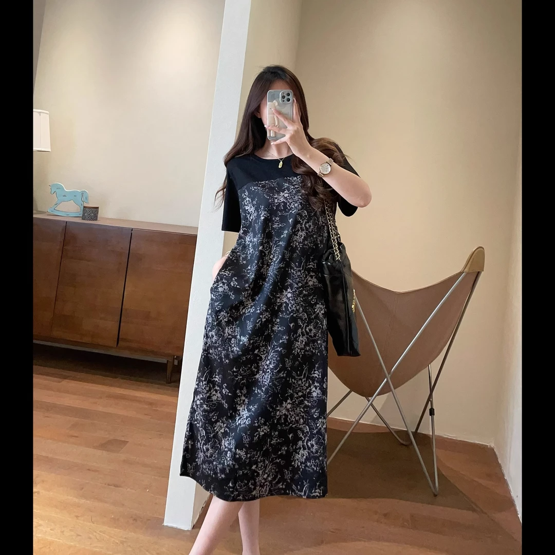 2025夏季新款女装大码连衣裙中长裙时尚风宽松休闲拼接显瘦假两件