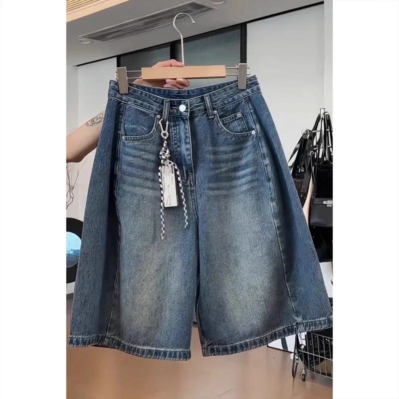 五分裤女2025夏季新款小众百搭牛仔裤显瘦美式阔腿短裤女
