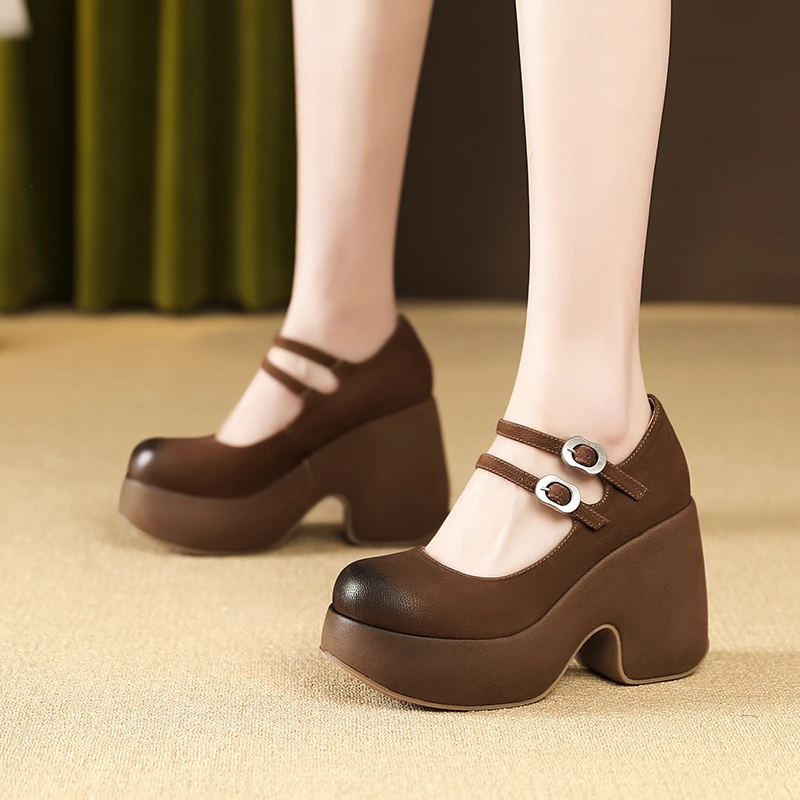 10.5cm小个子复古增高单鞋扣带防水台粗跟高跟鞋擦色厚底玛丽珍鞋