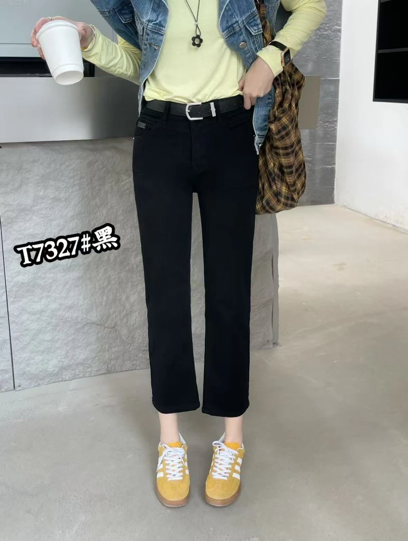 T7327黑色烟管直筒裤2025新显瘦牛仔裤女春秋九分裤子