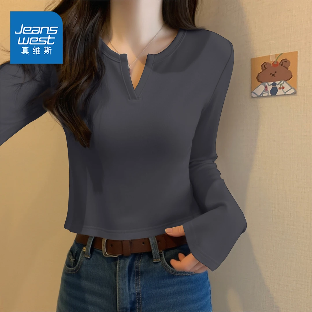 真维斯深灰小v领修身长袖上衣t恤女2025秋季新款学生打底短款体恤