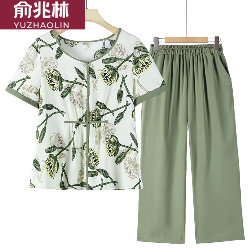 俞兆林俞兆林中老年雪纺衫2023新款妈妈夏装洋气套装中年女夏季减