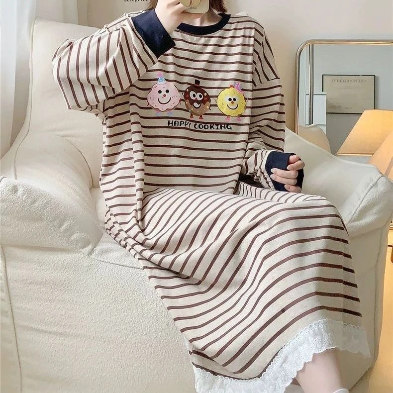可爱条纹宽松大码睡衣可外穿长裙