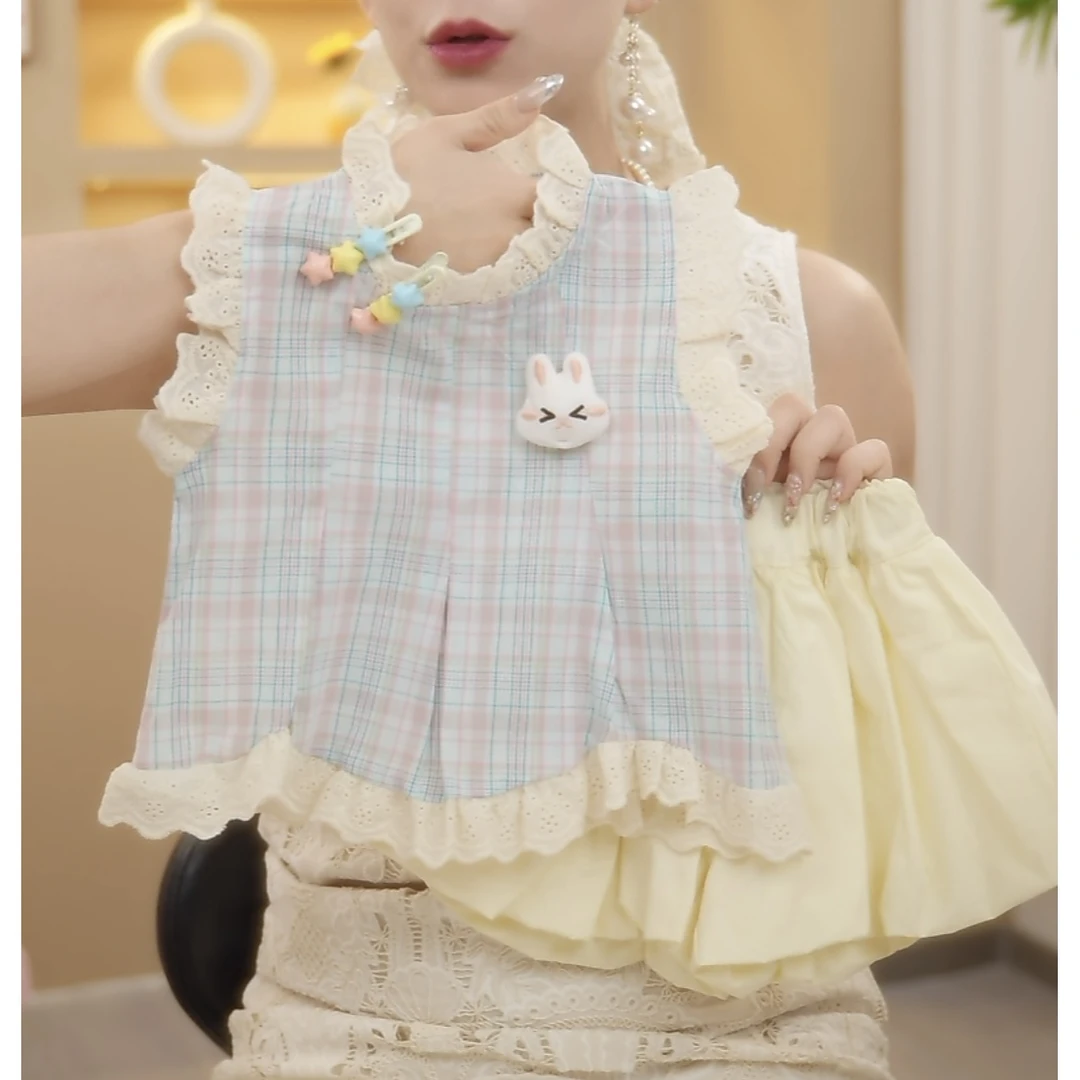 【法式蕾丝】2025年夏季新款女童套装可爱蓝色格子小兔花苞裤套装