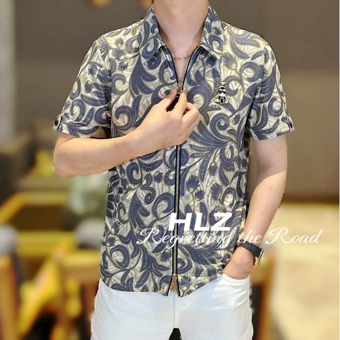 2025夏季新款男士休闲时尚定制双拉链修身流行薄款翻领短袖衬衫