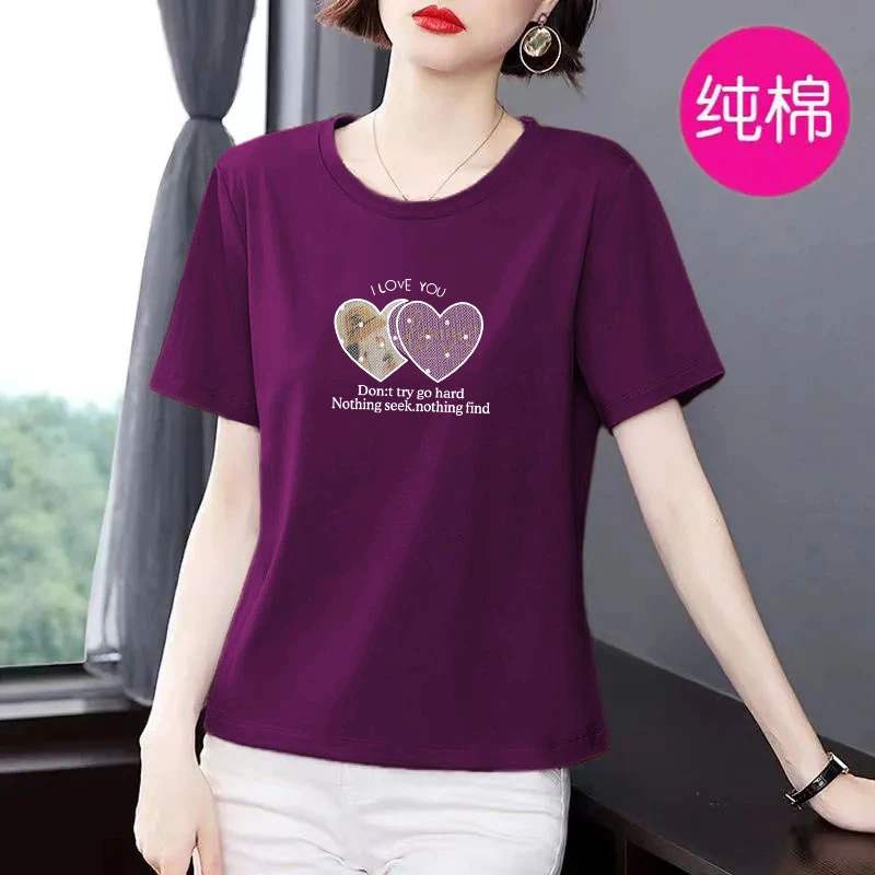 100%纯棉潮流新款圆领短袖T恤女宽松休闲显瘦时尚印花百搭上衣潮