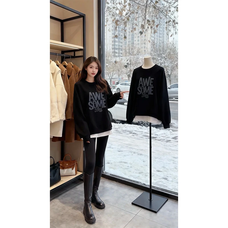 假两件圆领卫衣女装2025秋冬新款韩版宽松中长款加绒加厚无帽上衣