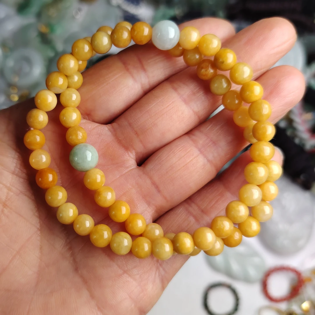 天然A货翡翠缅料小珠子卡5加大珠子卡7加黄翡手串无裂一串随机发