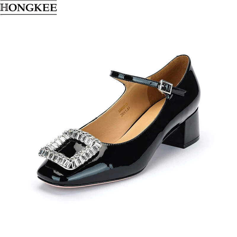 25春季方头牛皮浅口粗跟单鞋水钻饰扣优雅时尚玛丽珍HA85S111