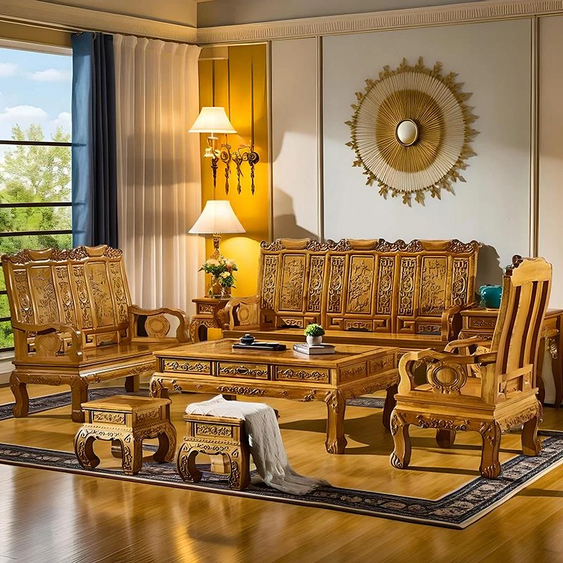 金丝楠木沙发椅子组合原木茶几实木雕花仿古客厅中式古典红木家具