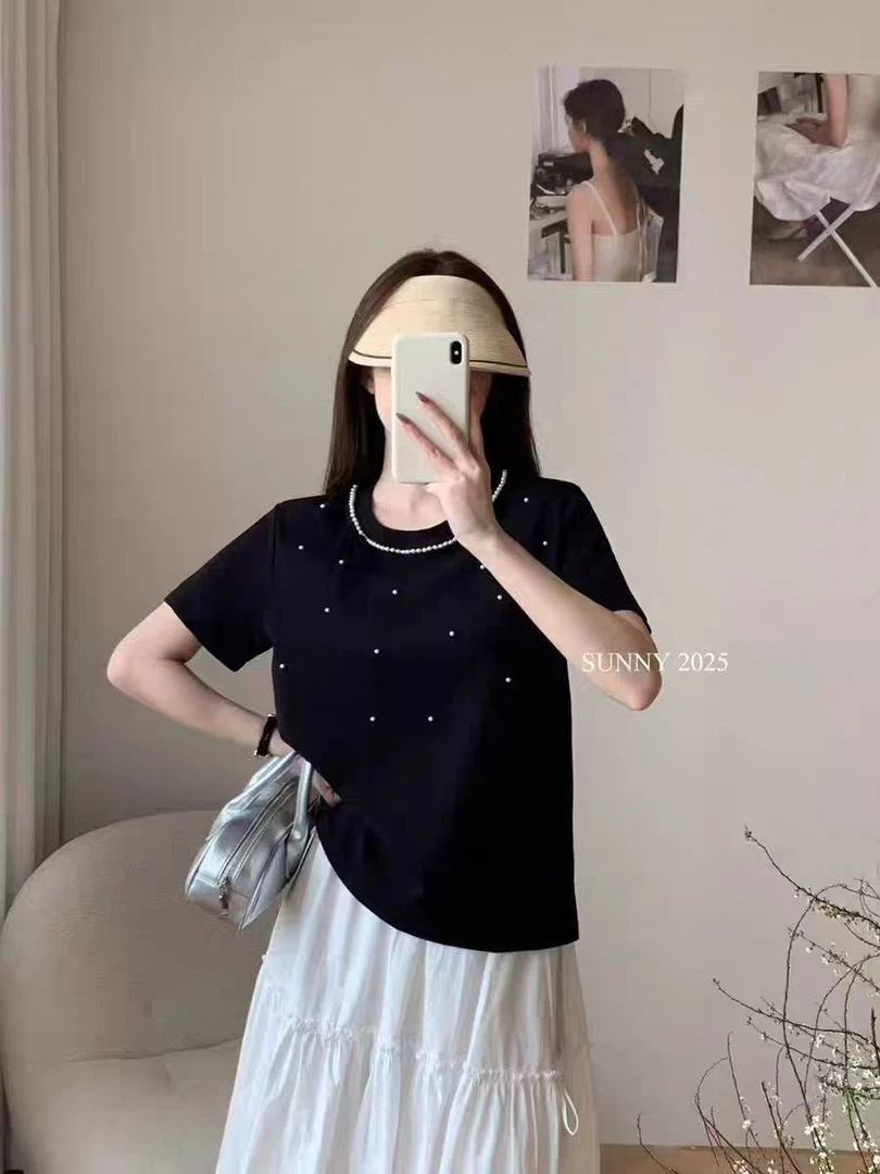 【苏苏精选】83745洋气蕾丝珍珠设计休闲百搭T恤
