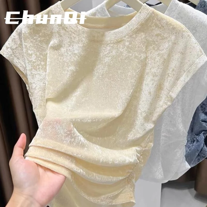 淳启法式高级感绝美黄色褶皱圆领短袖T恤女夏季通勤百搭套头上衣