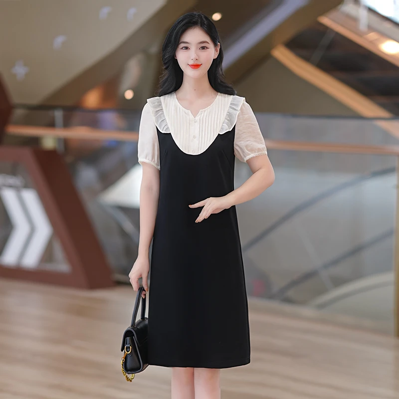 气质小黑裙新款显瘦中长裙洋气减龄拼色黑裙子女