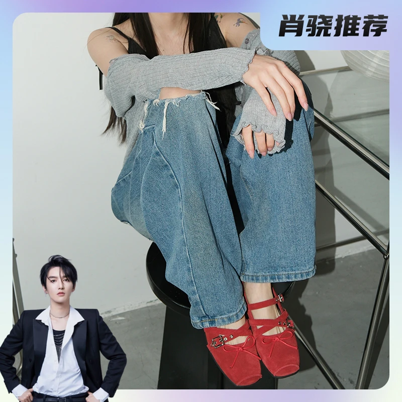 Mooreyu原创红色蝴蝶结小单鞋女春夏真皮复古浅口铆钉芭蕾平底鞋