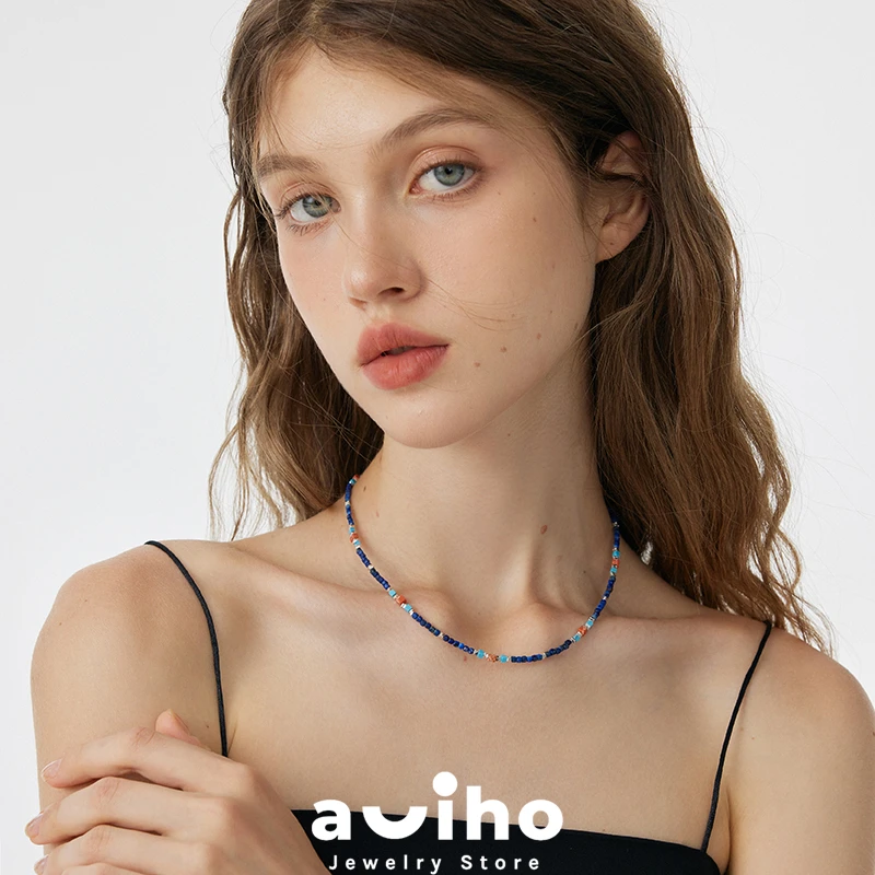 aviho高级感蓝色青金石手工串珠项链轻奢复古锁骨链