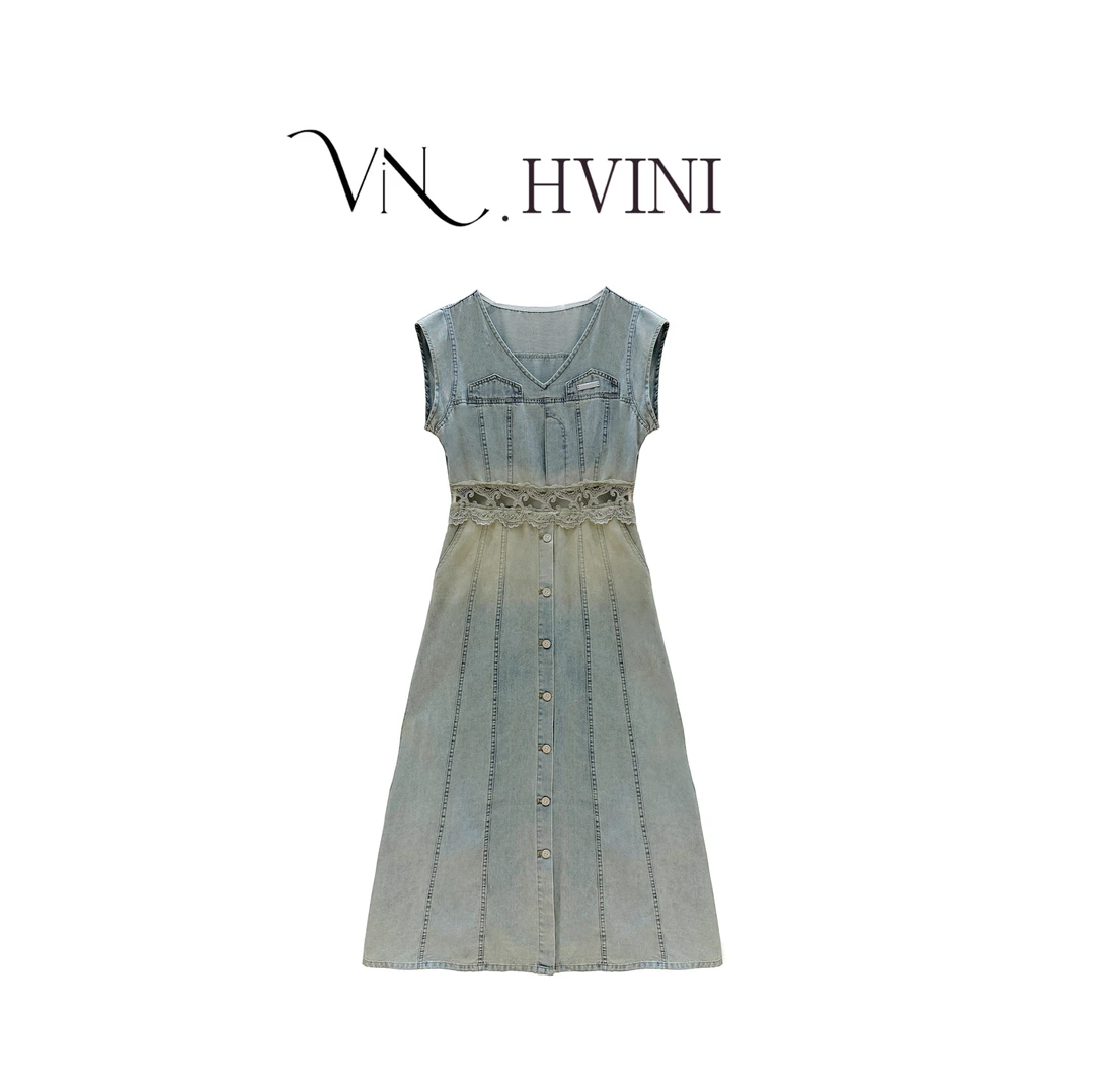 【​蕾丝镶雅】2025夏季新款时尚设计师休闲牛仔连衣裙L5010