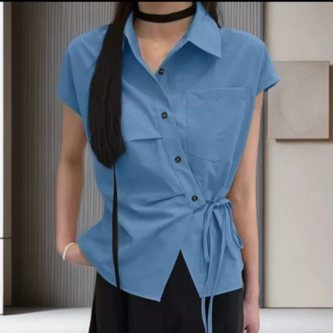 2518#衣长55夏季新款显瘦百搭斜扣短袖衬衫洋气减龄设计感上衣