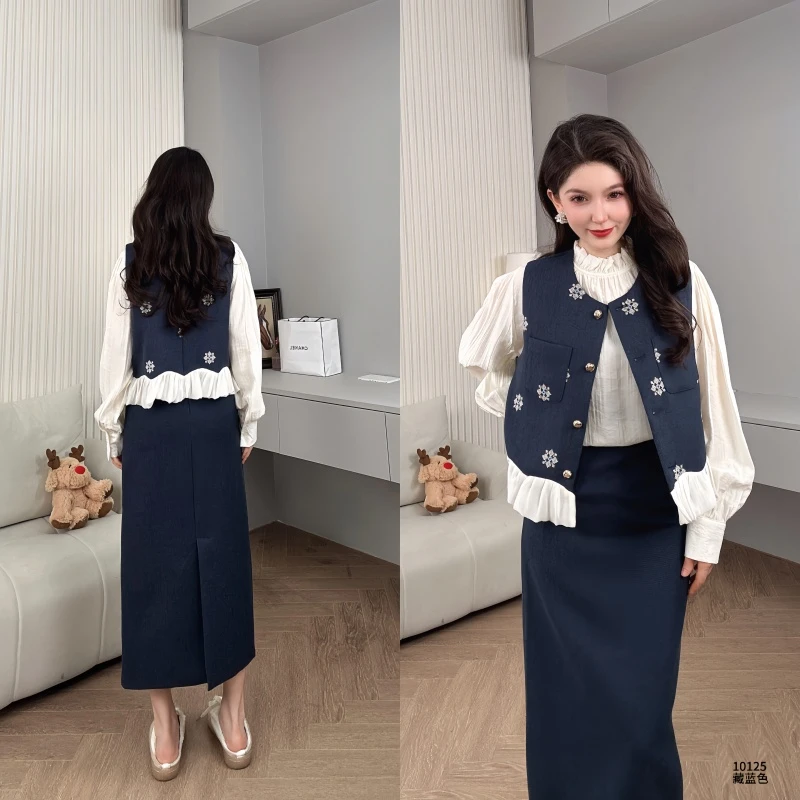 Saeda品牌女装小香风温柔刺绣马甲衬衫半身裙三件套YF10125