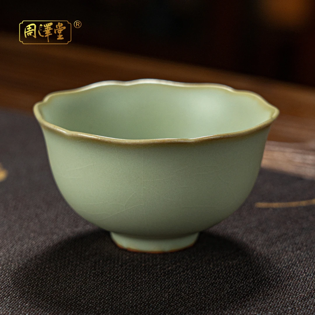 周泽堂汝窑如兰杯陶瓷茶杯复古青瓷景德镇瓷器汝窑茶杯开片可养