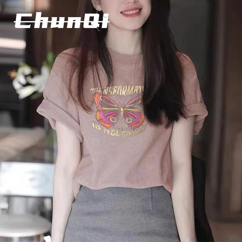 淳启夏季女装短袖t恤新款甜辣妹宽松休闲显瘦遮肉设计感半袖上衣