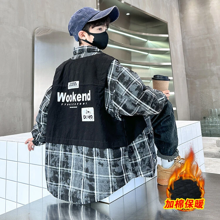 男童冬装格子衬衫夹棉外套2025新款中大儿童男孩冬季加厚洋气棉衣