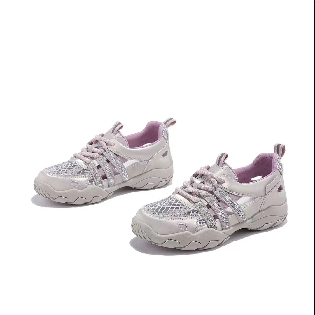 【莎莎专属】真皮厚底镂空老爹鞋女夏季百搭水钻透气轻便休闲运动鞋