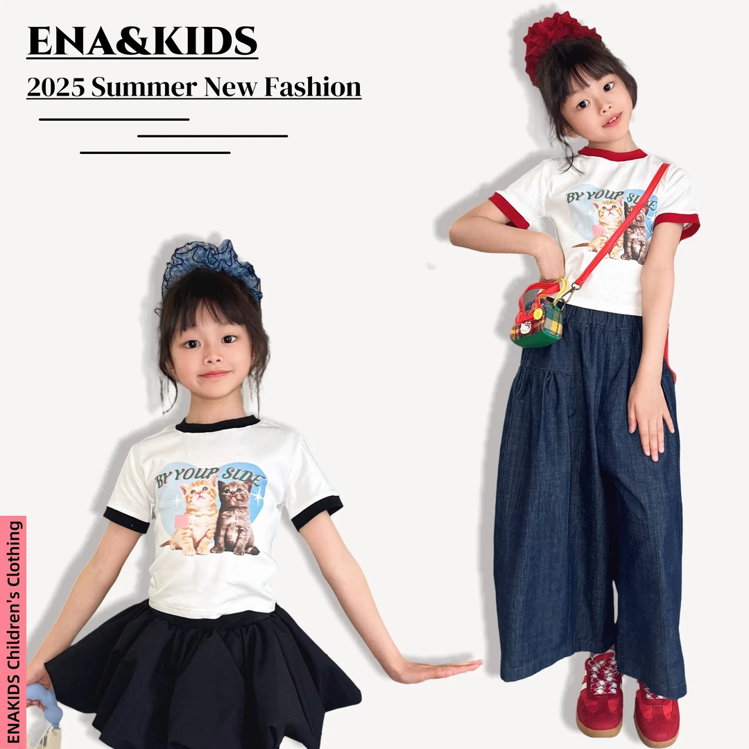 ENA恩娜kids【小猫刊本】女童夏季猫咪短袖T恤撞色圆领修身短款上衣